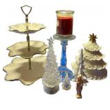 Christmas Decor Mixed Lot - Tiered Tray, Candle Holder & Trees