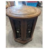 Carved Wood Accent Cabinet With Inlaid Top