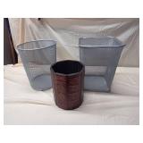 3-Piece Wastebasket Lot Mesh Metal & Faux Book Desk Bins Good