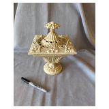 Hen-Feathers Cast Iron Lidded Urn Ivory Floral Pierced Decor VG