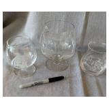 3 Pc Mixed Bar Glassware Lot Etched Snifter Pitcher Tumbler Good