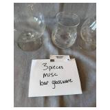3 Pc Mixed Bar Glassware Lot Etched Snifter Pitcher Tumbler Good