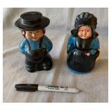 Vintage Cast Iron Amish Boy & Girl Figural Coin Bank Pair Painted