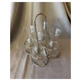 4 Etched Glass Wine Carafes Decanters w/ Metal Caddy Cabernet Pinot