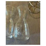 4 Etched Glass Wine Carafes Decanters w/ Metal Caddy Cabernet Pinot