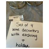 4 Etched Glass Wine Carafes Decanters w/ Metal Caddy Cabernet Pinot