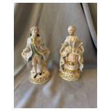 Pair Porcelain Colonial Gentleman Lady Figurines 7 in Floral Gilt