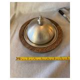 Vintage Pewter Lidded Butter Dish Web Pattern 1180 Wood Base