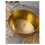 Guildcraft MCM Gold Tone Tin Box w Lid & 2 Vintage Doilies Lot