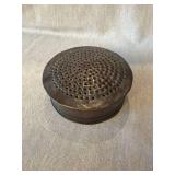 Vintage Pierced Metal Potpourri Holder Round Lidded Box 6in Dark Patina
