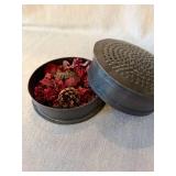 Vintage Pierced Metal Potpourri Holder Round Lidded Box 6in Dark Patina