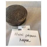 Vintage Pierced Metal Potpourri Holder Round Lidded Box 6in Dark Patina