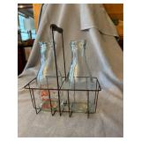 Vintage Wire Milk Bottle Carrier w/ 2 Glass Bottles Wood Handle Good