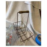 Vintage Wire Milk Bottle Carrier w/ 2 Glass Bottles Wood Handle Good