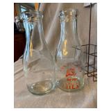 Vintage Wire Milk Bottle Carrier w/ 2 Glass Bottles Wood Handle Good