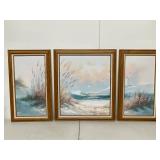 Coastal Triptych Canvas Painting Set Lighthouse Sea Oats Signed
