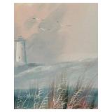 Coastal Triptych Canvas Painting Set Lighthouse Sea Oats Signed