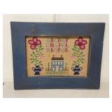 Framed Needlepoint Alphabet House Sampler Folk Art Blue Wood Frame