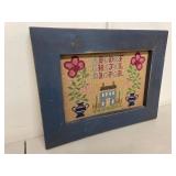 Framed Needlepoint Alphabet House Sampler Folk Art Blue Wood Frame