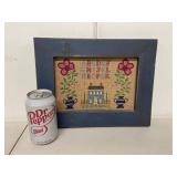Framed Needlepoint Alphabet House Sampler Folk Art Blue Wood Frame
