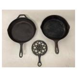Unmarked Cast Iron Skillets #8 #9 with Trivet Helper Handle Set