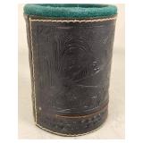 Vintage Embossed Leather Poker Dice Cup Set w/ 5 Dice Felt Lined
