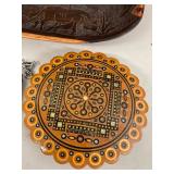 Decorative Wall Fan Carved Wood Tray Round Plaque and Textile Accessories Lot