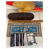 Decorative Wall Fan Carved Wood Tray Round Plaque and Textile Accessories Lot