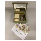 Decorative Mirrored Keepsake Box w/ Mixed World Coins & Currency Lot