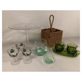 Mixed Vintage Glassware Lot Cake Stand Green Glass Set Basket Caddy