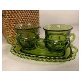 Mixed Vintage Glassware Lot Cake Stand Green Glass Set Basket Caddy