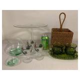Mixed Vintage Glassware Lot Cake Stand Green Glass Set Basket Caddy