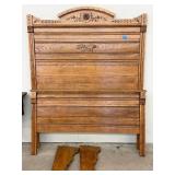 Antique Oak Full Size Bed Frame Carved Floral Headboard 56in Wide