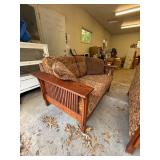 Mission Style Upholstered Loveseat Oak Frame Slat Arms Good Cond