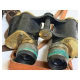 Antique 8x30 Brass Binoculars w Leather Case Strap Black Field Glass