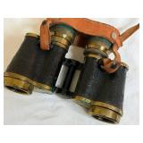 Antique 8x30 Brass Binoculars w Leather Case Strap Black Field Glass