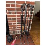 Vintage Wrought Iron Fireplace Tool Set Log Holder Kettle Hearth Lot