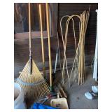 Mixed Garden Tool Lot Rakes Bamboo Stakes Loppers Tarp Bucket Good