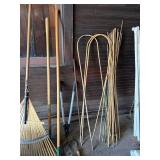 Mixed Garden Tool Lot Rakes Bamboo Stakes Loppers Tarp Bucket Good