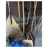 Mixed Garden Tool Lot Rakes Bamboo Stakes Loppers Tarp Bucket Good