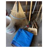 Mixed Garden Tool Lot Rakes Bamboo Stakes Loppers Tarp Bucket Good