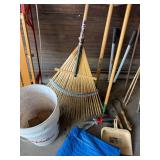 Mixed Garden Tool Lot Rakes Bamboo Stakes Loppers Tarp Bucket Good