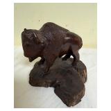 Hand-Carved Wood Bison Figurine on Natural Wood Base