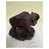 Hand-Carved Wood Bison Figurine on Natural Wood Base