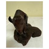 Hand-Carved Wood Bison Figurine on Natural Wood Base