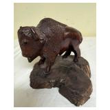 Hand-Carved Wood Bison Figurine on Natural Wood Base