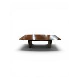 Modern Boat-shaped Conference Table featuring a dark wood finish and a sturdy pedestal base with vertical accents