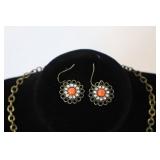 Vintage Necklace & Earrings Set With Coral-Color Accents