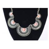Vintage Necklace & Earrings Set With Coral-Color Accents