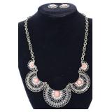 Vintage Necklace & Earrings Set With Coral-Color Accents